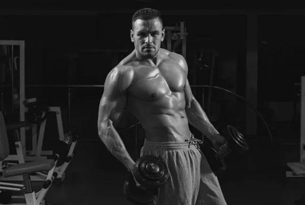 健身房 训练和训练 哑铃练习 男性躯干 健身房的健美运动员赤身裸体运动员 — 图库照片