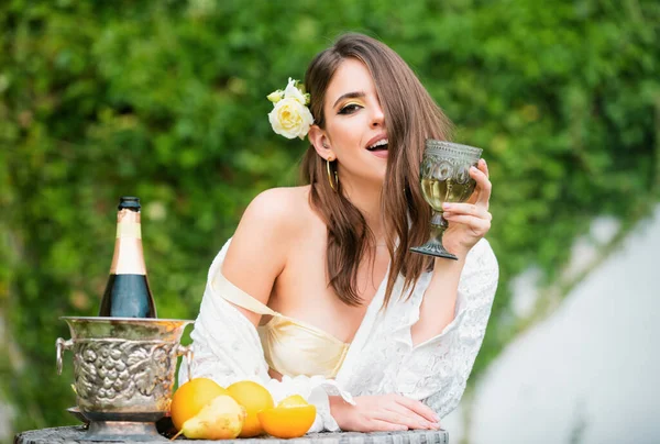Attractive Sexy Woman Drinking Wine Outdoors Beautiful Female Having Glass — Stock Photo, Image