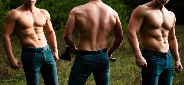 Modelos Masculinos Sem Camisa Topless Fisiculturistas Nus Floresta Retrato Moda — Fotografia de Stock