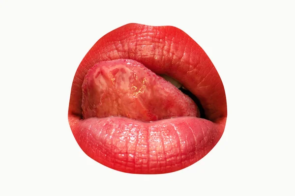 Bouche Femme Isolée Avec Langue Léchant Lèvres Sexy Avec Rouge — Photo