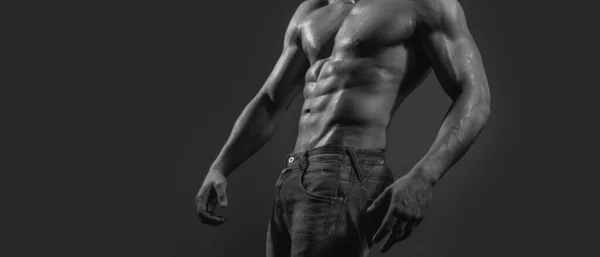 Banner Vorlagen Mit Muskulösem Mann Muskulösem Oberkörper Sixpack Bauchmuskeln Modeporträt — Stockfoto