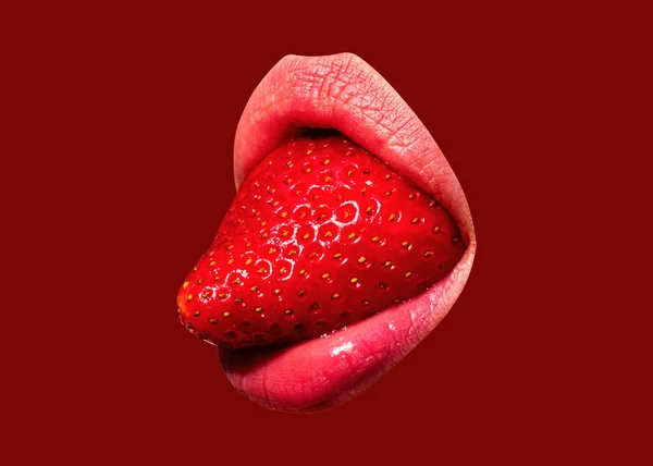 Lábios Boca Sexy Com Língua Morango Isolado Fundo Vermelho — Fotografia de Stock