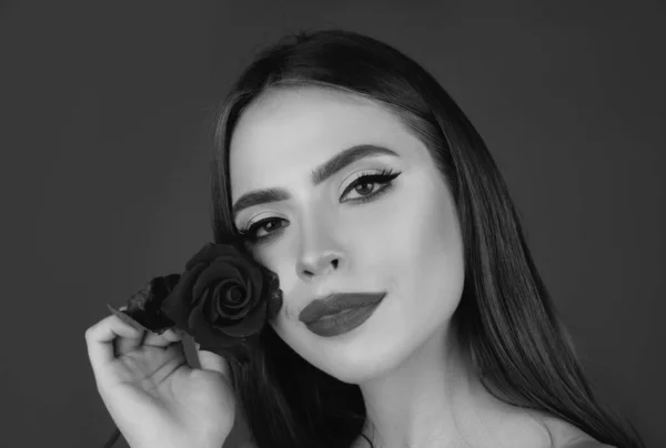 Close Portrait Young Beautiful Sexy Woman Red Rose — Stock Photo, Image