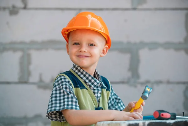 Cute Little Kid Builder Helmet Repair Tools Construction Site Child — Stock Photo, Image