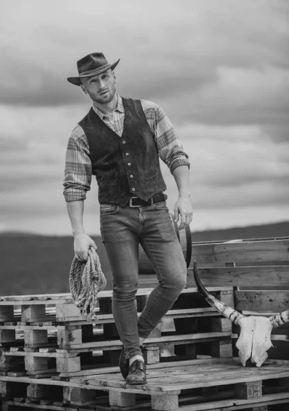 Amerikalı Kovboy Yakışıklı Vahşi Batılı Adam Arka Planda Kement Ipi — Stok fotoğraf