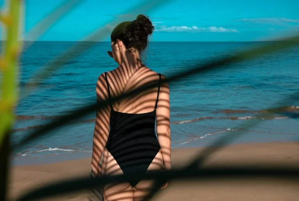 Mulher Sombras Folha Palma Corpo Mulher Sexy Relaxar Praia Areia — Fotografia de Stock