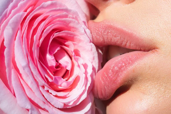 優しさが高まった ピンクのバラの柔らかい自然な唇 優しさセクシーな女性の口 思いやりと優しさ ピンクのバラの花とのクローズアップ美しい柔らかい唇 スパや化粧品 優しさのタッチ — ストック写真