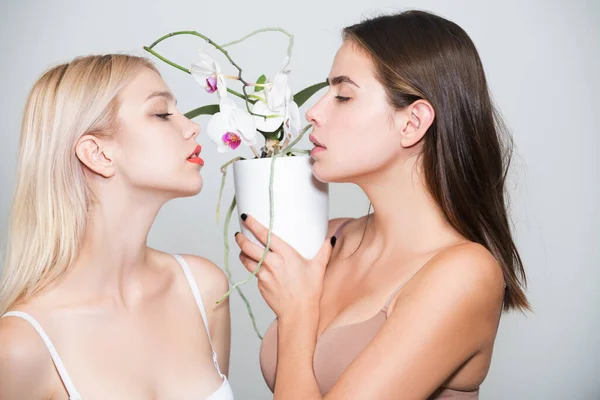 Dos Chicas Sexys Pareja Lesbianas Sensuales Amantes Jóvenes Posando Sensualidad — Foto de Stock