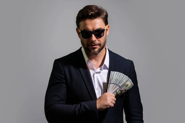 Portrait Business Man Holding Cash Dollar Bills Gray Background Big — Stock Photo, Image