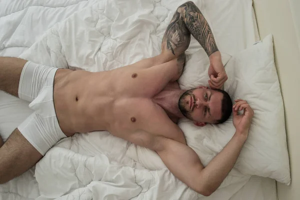 Top View Naked Young Man Bed Nude Male Body Sexy — Stock Photo, Image