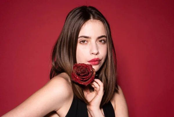 Крупним Планом Портрет Молодої Красивої Сексуальної Жінки Червоною Трояндою Біля — стокове фото