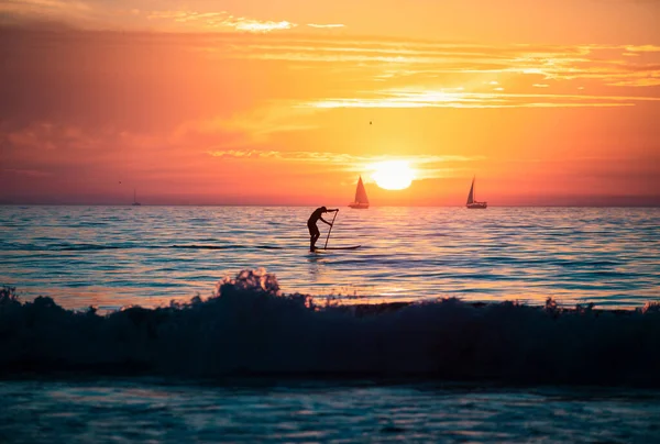 Silhouette Paddle Board Tropical Beach Sea Ocean Sunset Sunrise Summer — Stock Photo, Image