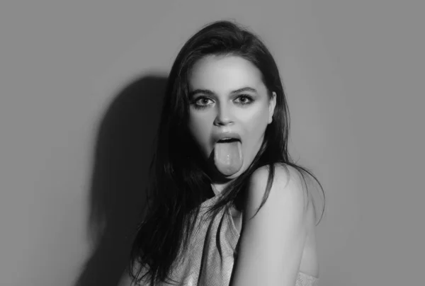 Woman Shows Tongue Model Sticking Tongue Out Girl Showing Tongue — Foto de Stock