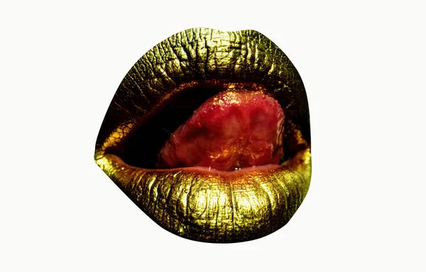 Güzel Dudaklı Altın Dudaklı Kadın Şehvetli Altın Dudaklar Seksi Dudak — Stok fotoğraf