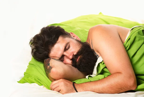 Sleepy Lazy Person Slowly Posing Alone Man Sleep Bed Alone — Stock Photo, Image