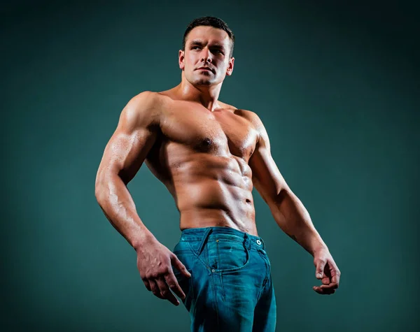 Portrait Handsome Sexy Muscular Man Athlete Perfect Body Dark Background — Stock Photo, Image