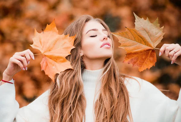 가을의 아름다움 여자들은 단풍나무 밖에서 만지작 거린다 걱정없는 — 스톡 사진