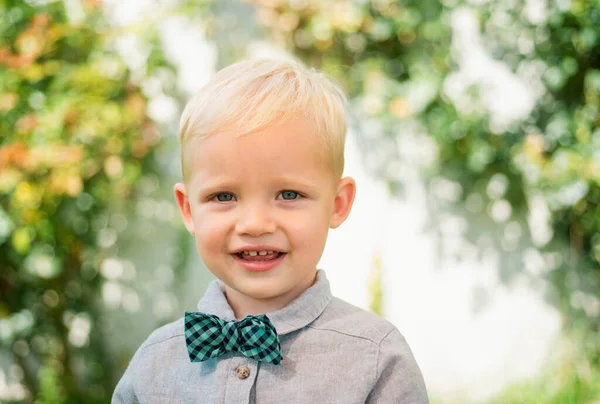 Boldog Gyerek Csokornyakkendővel Imádnivaló Gyerekkel Vidám Portré Kis Gyermek Zöld — Stock Fotó
