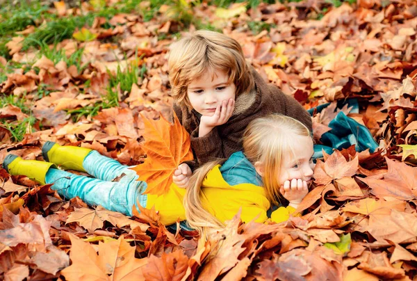 Відкритому Повітрі Осінній Портрет Маленької Дівчинки Хлопчика Лежить Осінньому Парку — стокове фото