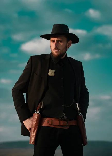 Sceriffo Cowboy Completo Nero Uomo Con Pistola Epoca Munizioni Sceriffo — Foto Stock