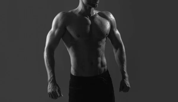 Músculos Peito Modelo Homem Sem Camisa Muscular Com Seis Abdominais — Fotografia de Stock