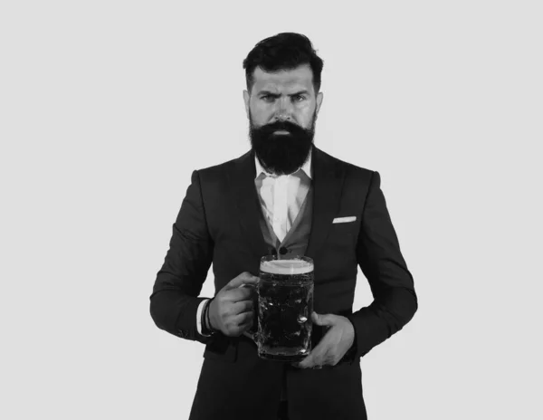 Retro Man Classic Suit Drinking Beer Bearded Guy Business Outfit — Stock Photo, Image