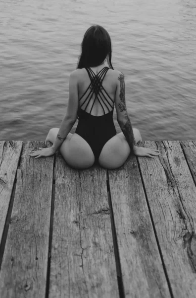 Sensual Attractive Young Womans Ass Lake Sea Beach Huge Buttocks — Fotografia de Stock