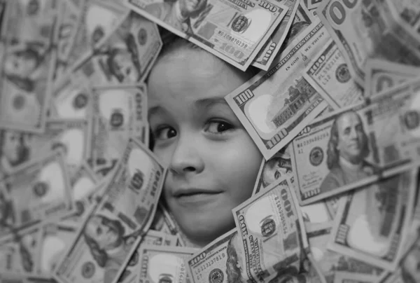 Amerikaanse Dromen Hoofd Geld Leuk Kind Gezicht Dollars Geld — Stockfoto