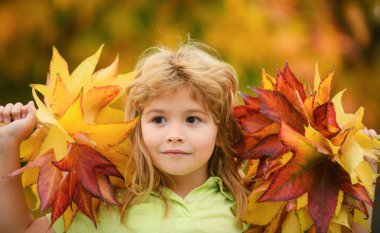Autumn child with autumn leaves on fall nature background. Portrait of kid with fall leaves outdoor in autumn park