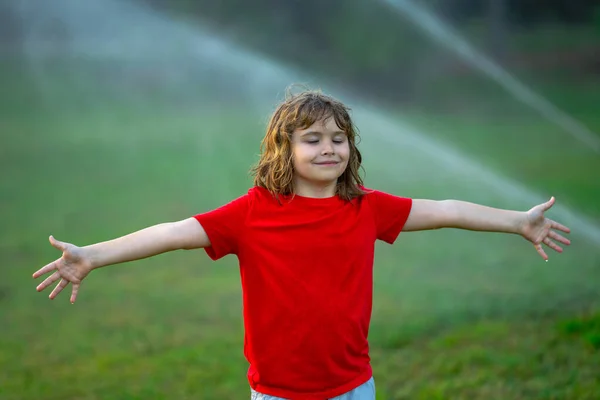 子供たちは水のホース 庭のスプリンクラー散水草で遊ぶ 子供のための夏の庭屋外の楽しみ 暑い夏の日に男の子が水を撒く 裏庭に子供の散水植物や草 — ストック写真