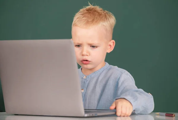 Serieuze Concentraat Kind Met Behulp Van Laptop Computer Kid Boy — Stockfoto