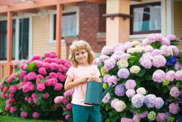 Amerykański Dzieciak Podwórku Słodkie Dzieciństwo Szczęśliwy Dziecko Podlewanie Kwiaty Podlewania — Zdjęcie stockowe