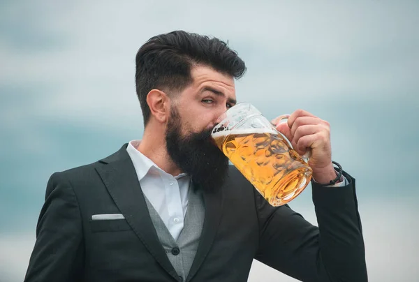 Profile Portrait Bearded Elegant Man Drinking Beer Happy Brewer Holding — Stock Photo, Image