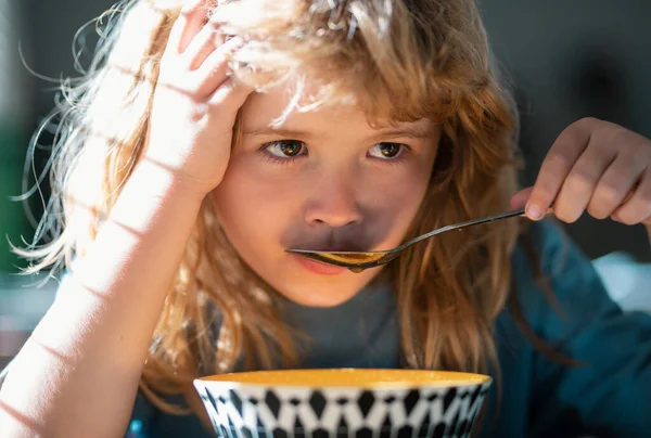 Unhappy Sad Child Boy Spoon Eats Itself Kid Eating Food — Stockfoto
