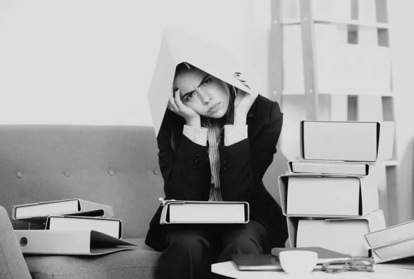 Sadness Depressed Businesswoman Frustration Secretary Girl Stressed Employee Working Overtime — Stockfoto