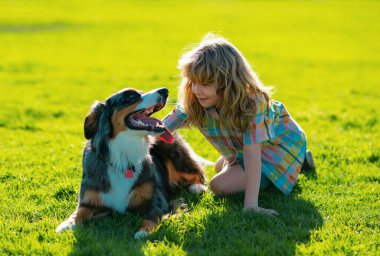 Mutlu çocuk ve evcil köpek arka bahçede oynuyorlar. Yavru köpeği olan bir çocuk. Mutlu gülen çocuk ve en iyi arkadaşı çimlerin üzerinde oturuyor. Şirin köpek.