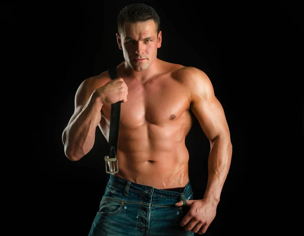 Brutal Man Muscular Body Sexy Young Male Holding Leather Belt — Stock Photo, Image