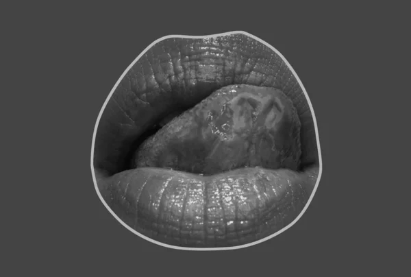 Close Woman Mouth Sexy Lip Licking Lips Female Mouth Tongue — Fotografia de Stock