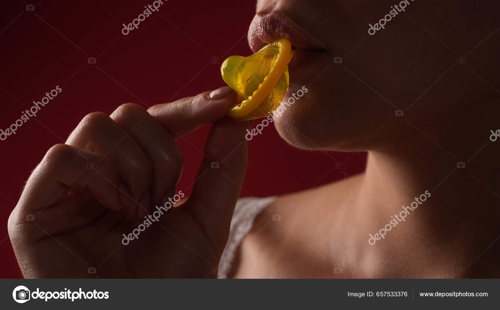 Girl Lick Suck Condom Foreplay Love Close Woman Mouth Holding Stock Photo by ©Tverdohlib 657533376 picture