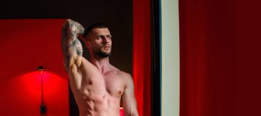 Çıplak vücut, kaslı omuzlar. Çıplak adam. Kaslı seksi vücut. Gay seksi model. Çıplak gövde gösteren kaslı seksi bir adam. Atletik vücutlu bir yığın