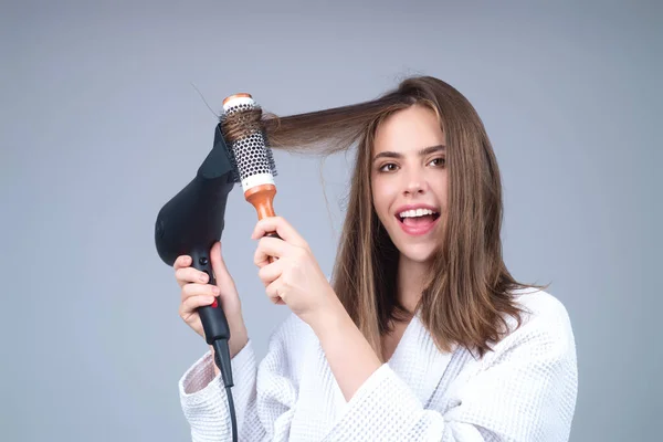 Woman Bathrobe Combing Hair Drying Hairs Hairdryer Portrait Female Model — Stock fotografie