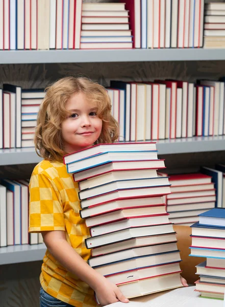 Smart Pupil Kid Reads Books Library Schoolboy Book School Library — Stock Photo, Image