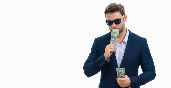 Business Man Hold Money White Studio Isolated Background Rich Man — Stock Photo, Image