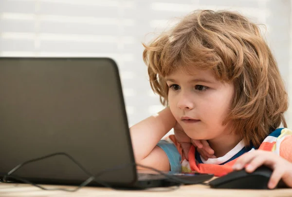 Closeup Portrait School Boy Looking Laptop Lesson Distant Education — Stock Photo, Image