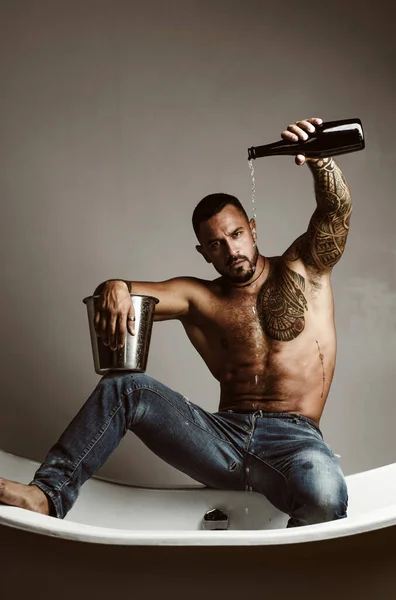 Champagne Wine Celebration Wine Festival Concept Handsome Man Tattooed Body — Stock Photo, Image