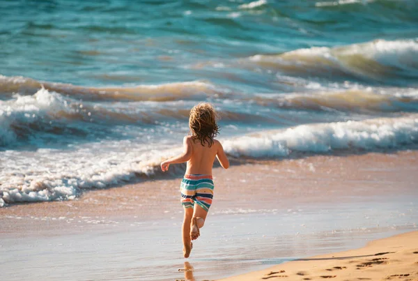 Happy Kid Boy Have Fun Tropical Sea Beach Funny Child — Stock Photo, Image
