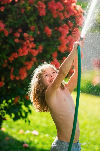 Dziecko Podlewania Kwiatów Roślin Ogrodzie Dzieciak Wężem Wodnym Podwórku Ogrodnictwo — Zdjęcie stockowe
