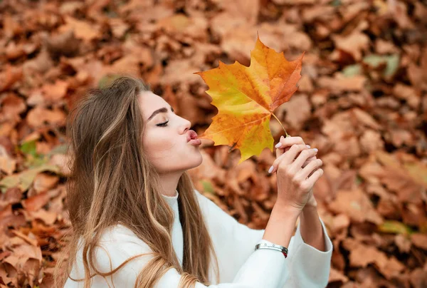 秋の美しさ 女性ファッションウールとともに秋のカエデの葉屋外 — ストック写真