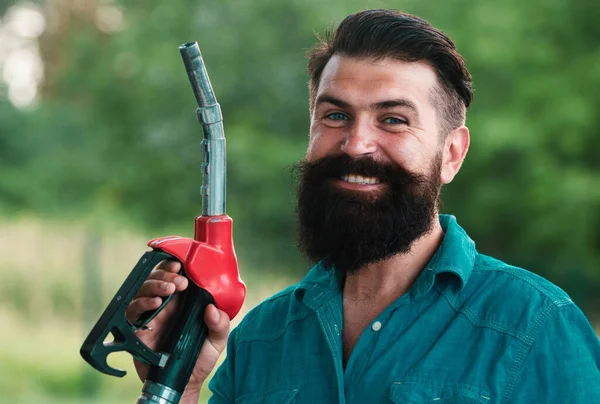 Portrait Smiling Man Refueling Car Gas Station Man Petrol Pump — Stock Photo, Image