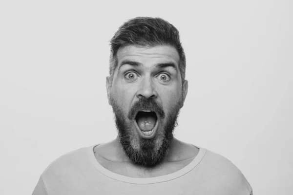 Shocked Bearded Man Surprise Expression Wow Amazed Excited Face Emotions — Stock Photo, Image